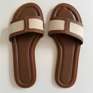 J. Crew Brown Leather Slide Sandals with Cream Canvas Straps